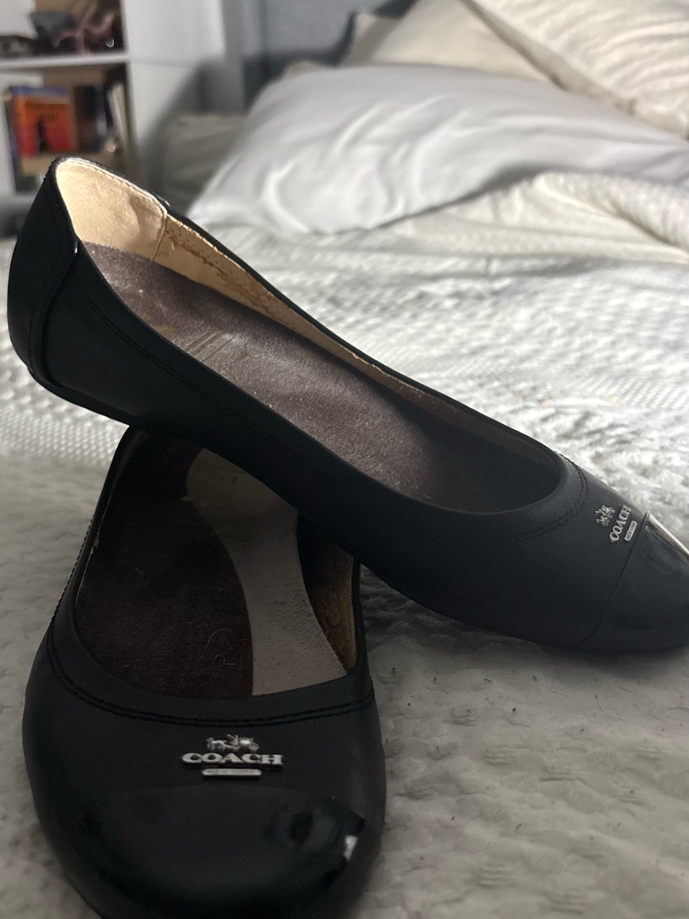Coach Black Leather Cap-Toe Ballet Flats with Logo